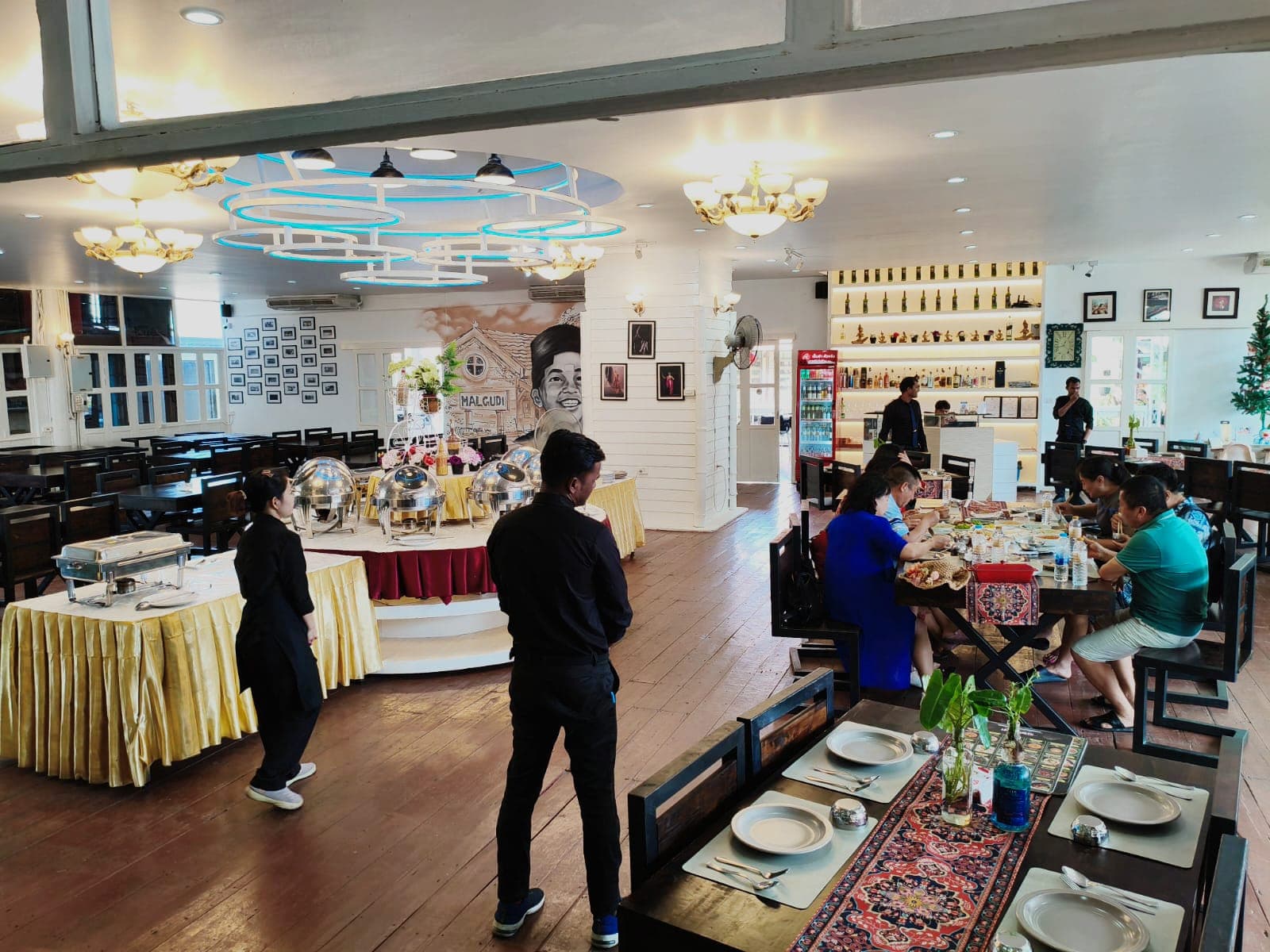 Restaurant interior with menu displays